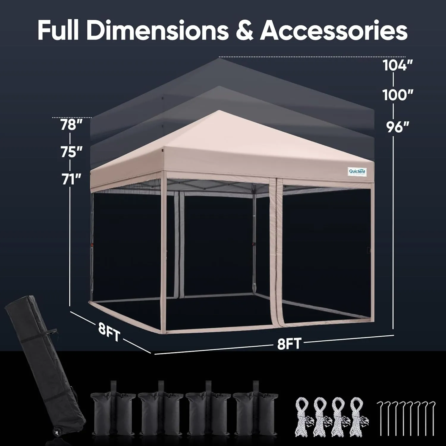 Quictent 8'x8’ Pop up Screened Canopy Tent with Mosquito Netting, Portable Easy up Outdoor Screen House Shelter for Patio, Camping and Picnic, Includes Wheeled Carry Bag (Tan)