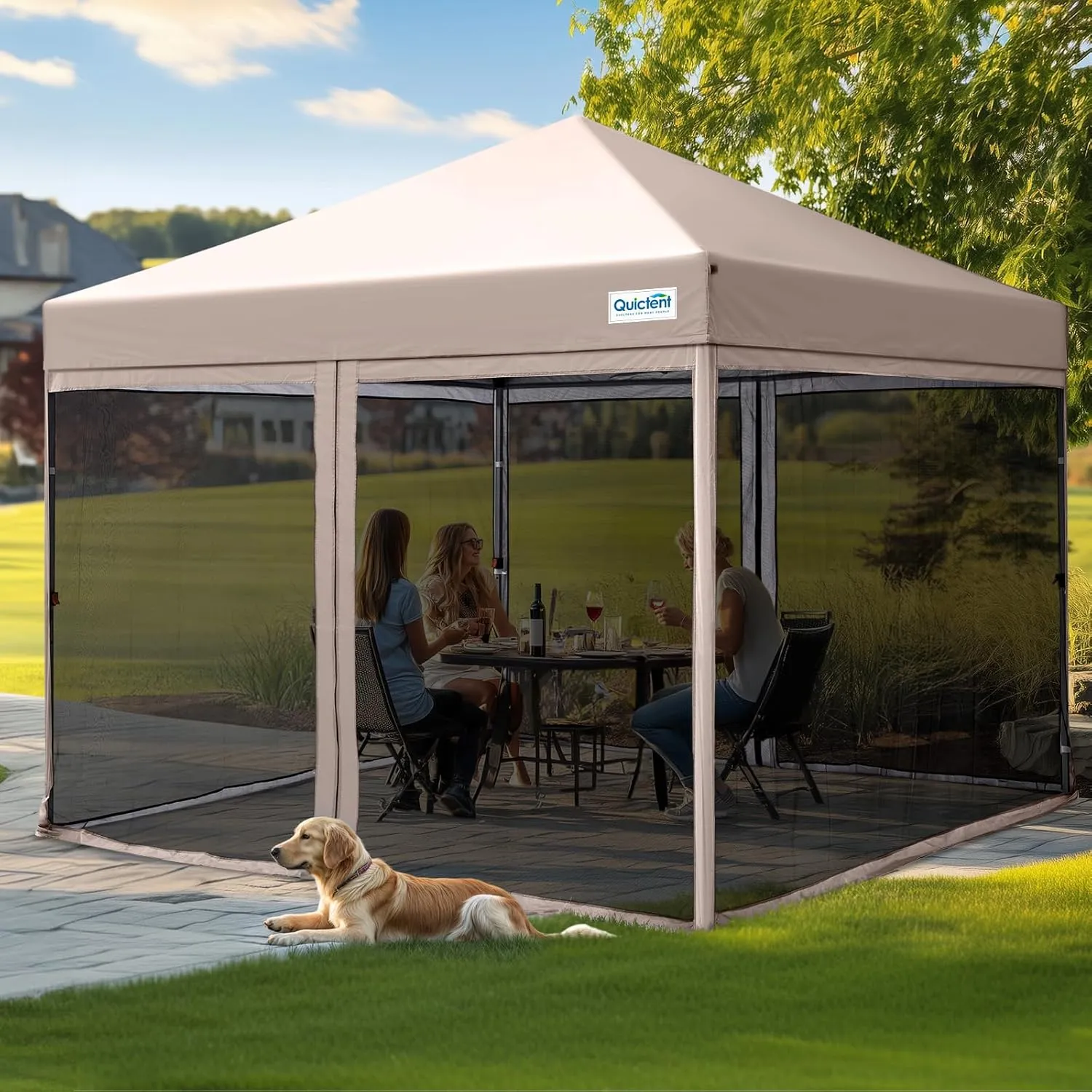 Quictent 8'x8’ Pop up Screened Canopy Tent with Mosquito Netting, Portable Easy up Outdoor Screen House Shelter for Patio, Camping and Picnic, Includes Wheeled Carry Bag (Tan)