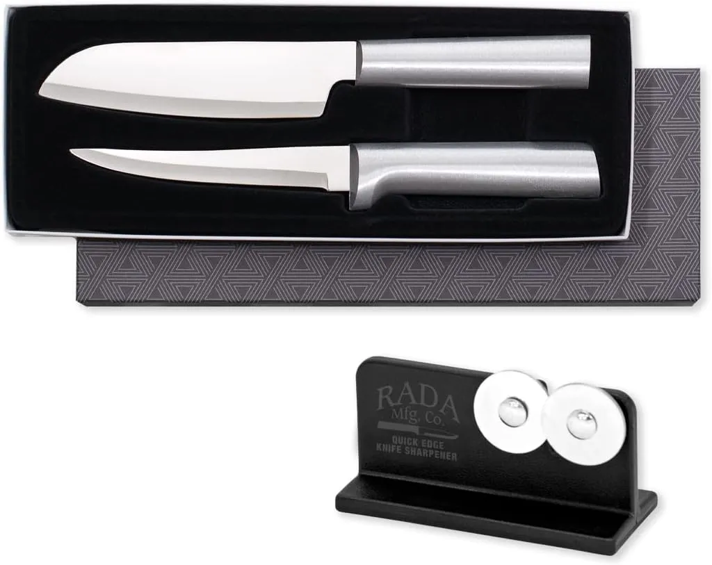 Rada Cutlery 2-piece Cook's Choice Knife Gift Set with Quick Edge Sharpener, Silver Handles