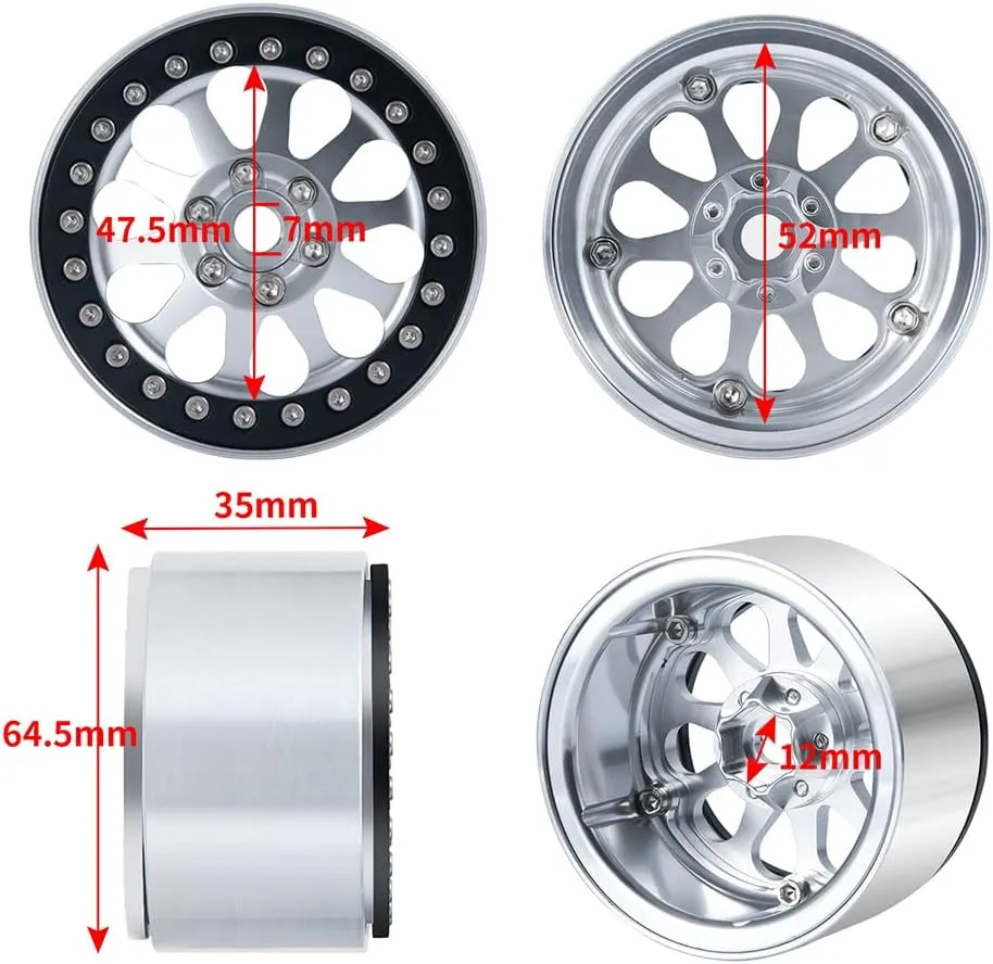 RCLIONS 4PCS 2.2inch Beadlock Wheels 35mm RC Aluminum Rims for AXIAL Wraith RR10 90048/90018 TRX4 1/10th RC Crawler Truck Car (Silver)