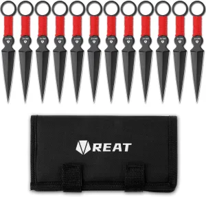 REAT Throwing Products - 12 Piece, 6" 440 Stainless Steel with Red Cord-Wrapped Handle, Includes Nylon Carrying Case for Safe Storage,Kunai for Competition,Recreation