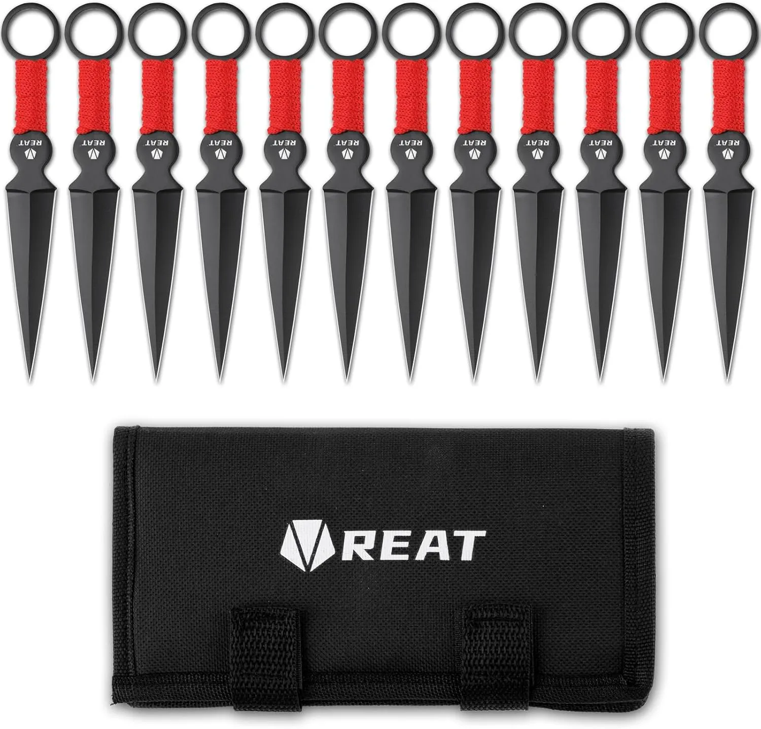 REAT Throwing Products - 12 Piece, 6" 440 Stainless Steel with Red Cord-Wrapped Handle, Includes Nylon Carrying Case for Safe Storage,Kunai for Competition,Recreation