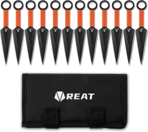 REAT Throwing Products - 12 Piece,6.5" 440 Stainless Steel with Cord-Wrapped Handle, Includes Nylon Carrying Case for Safe Storage for Competition, Training and Recreation (Black2)