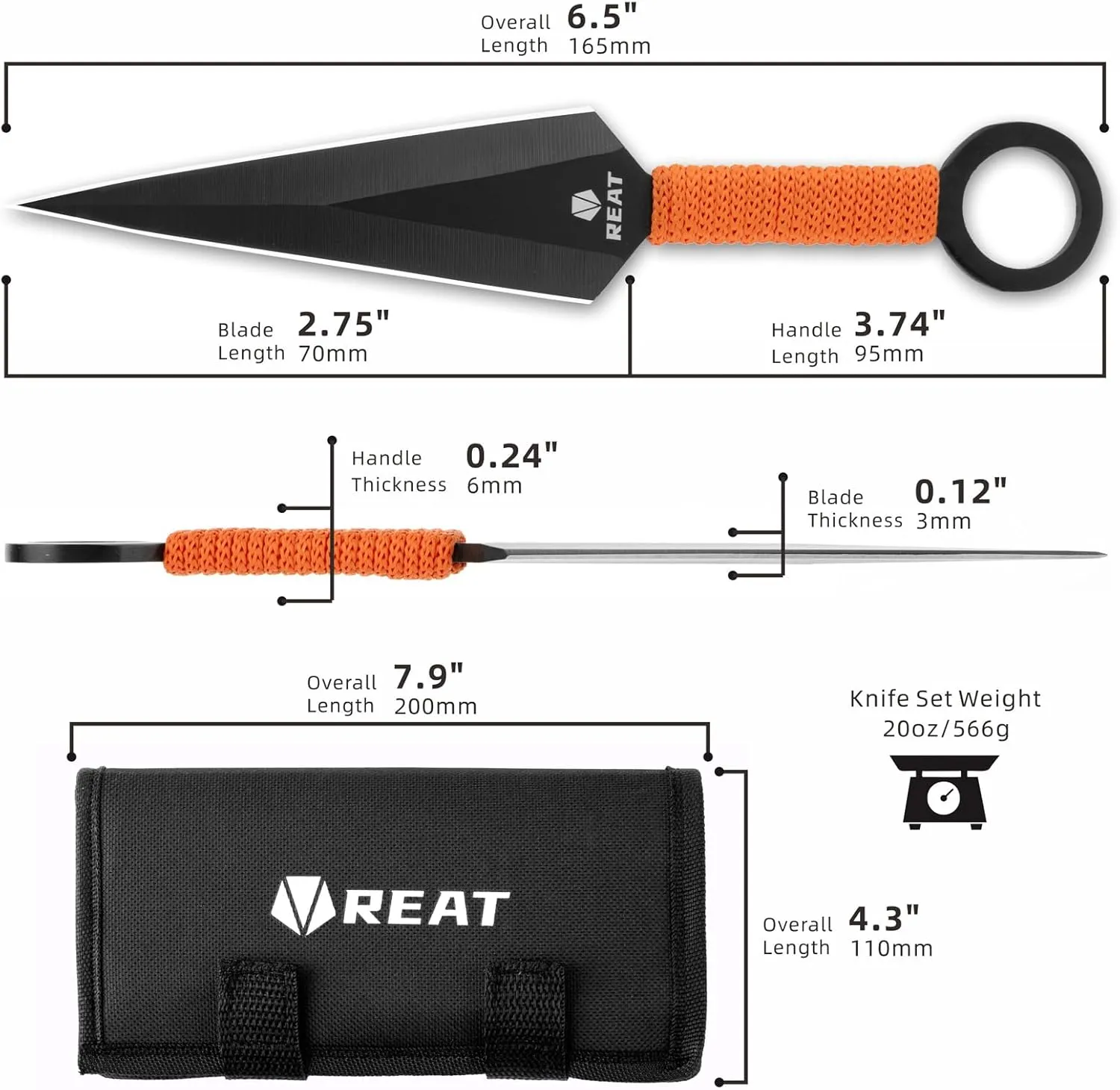 REAT Throwing Products - 12 Piece,6.5" 440 Stainless Steel with Cord-Wrapped Handle, Includes Nylon Carrying Case for Safe Storage for Competition, Training and Recreation (Black2)