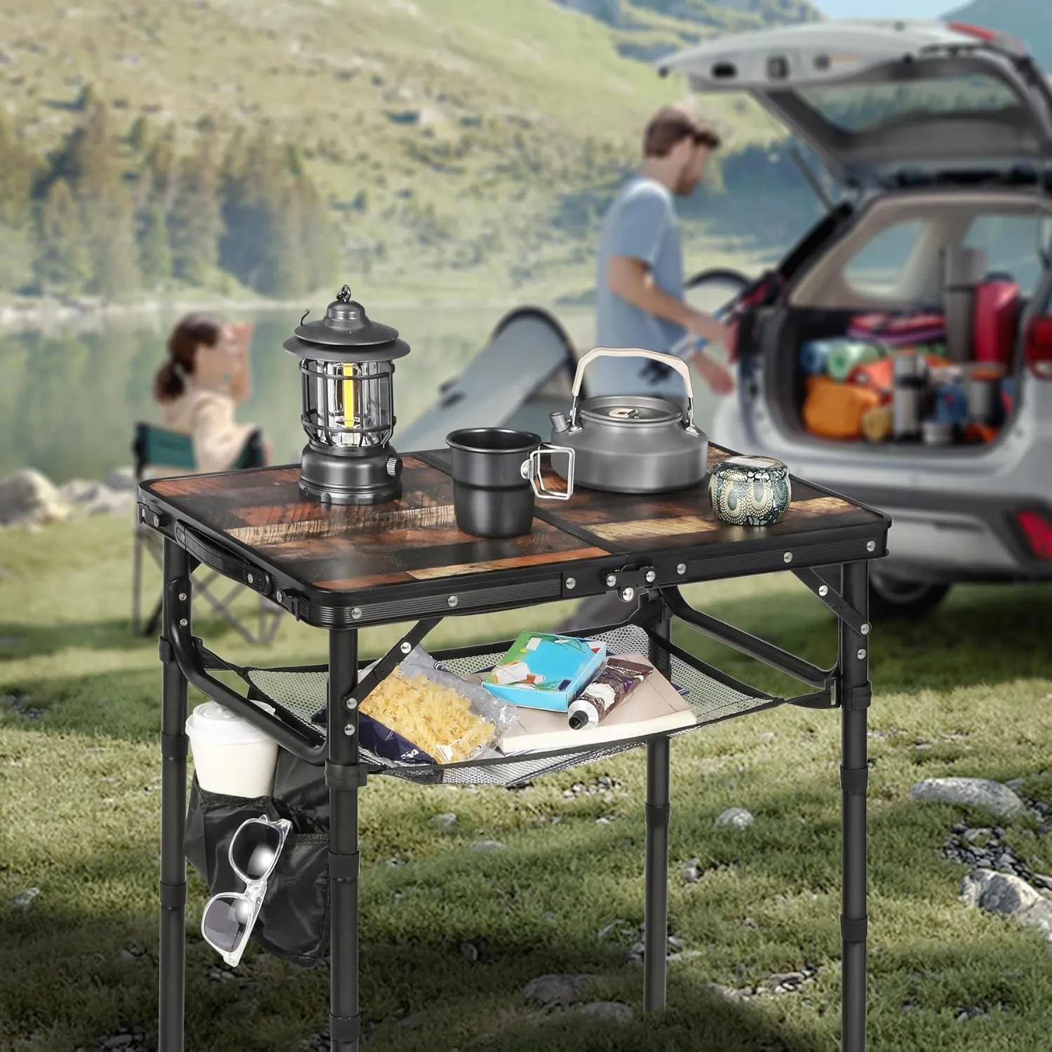RedSwing Small Folding Table with Side Pocket Adjustable Height, Lightweight and Portable Aluminum Frame Camping Table for Outdoor Indoor Picnic, 2 Feet, Brown Wide Wood Grain