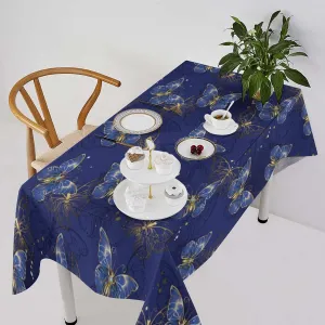 Retro Blue Butterfly Tablecloth, Luxury Golden Blue Butterfly Print Table Cover for Home Dining Decor Kitchen Party Outdoor 55x75in