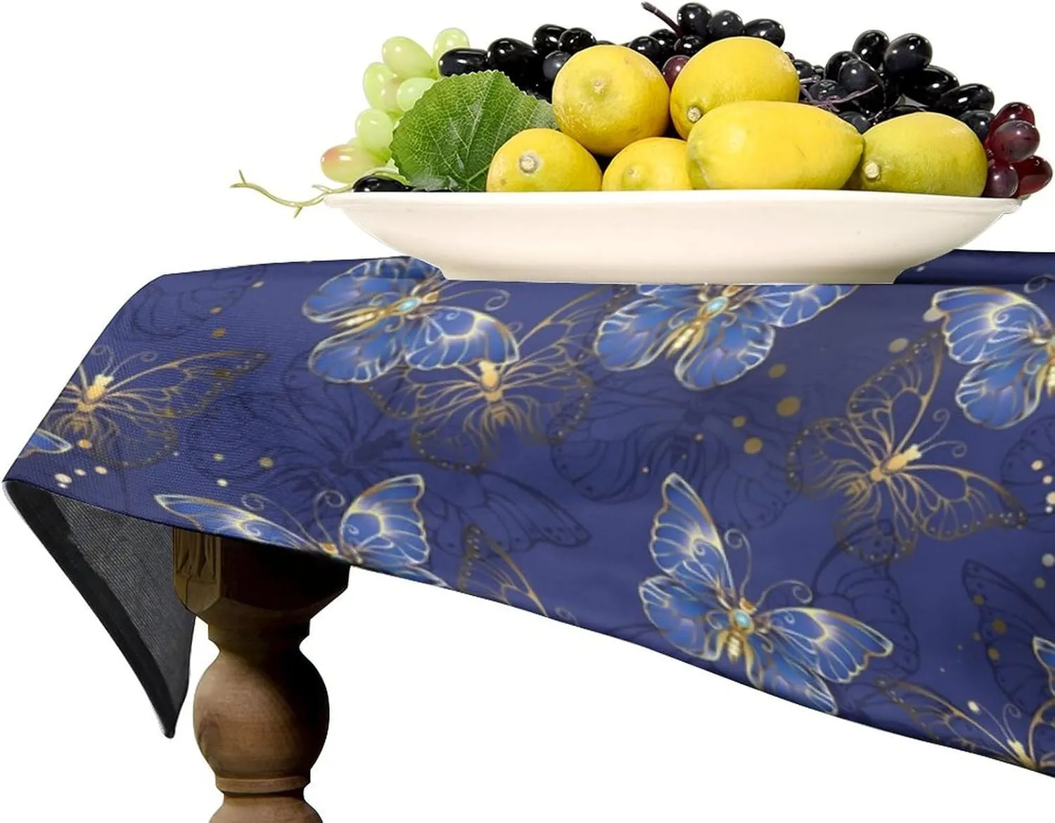 Retro Blue Butterfly Tablecloth, Luxury Golden Blue Butterfly Print Table Cover for Home Dining Decor Kitchen Party Outdoor 55x75in