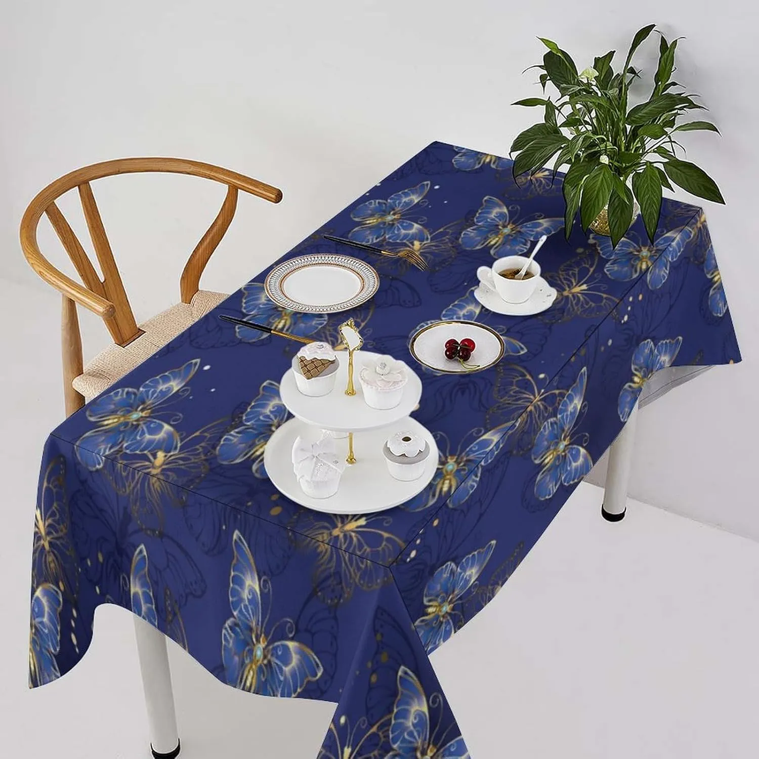 Retro Blue Butterfly Tablecloth, Luxury Golden Blue Butterfly Print Table Cover for Home Dining Decor Kitchen Party Outdoor 55x75in