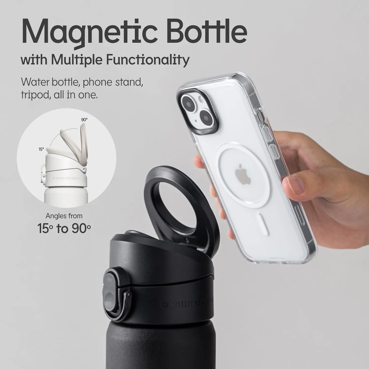 RHINOSHIELD AquaStand Magnetic Bottle 23 oz | Stainless Steel Insulated Sport Bottle without straw, with MagSafe Handle, Adjustable Tripod, Leak-Proof - Black - NASA/Astronaut Suit - Insignia Patch