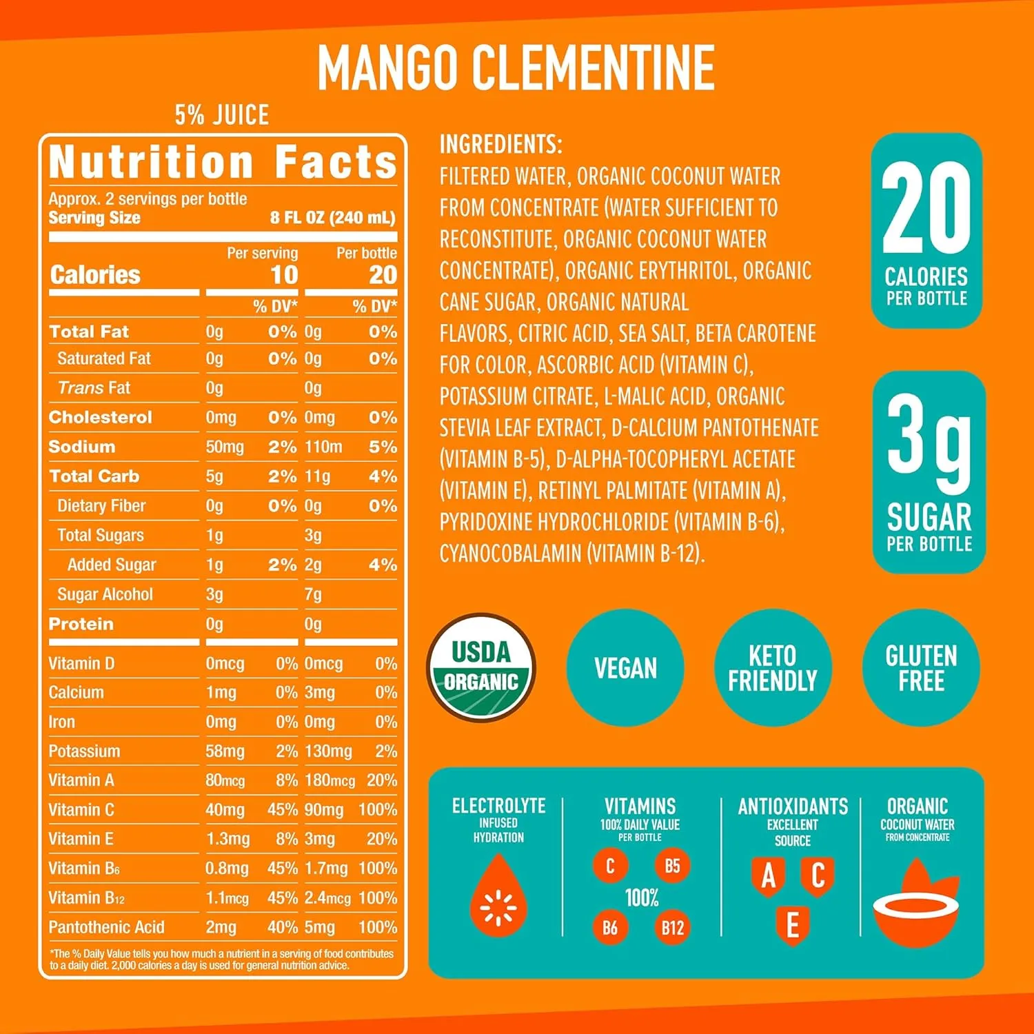 Roar Organic Electrolyte Infusions - USDA Organic - Mango Clementine - with Antioxidants, B Vitamins, Low-Calorie, Low-Sugar, Low-Carb, Coconut Water Infused Beverage 18 Fl Oz (Pack of 12)