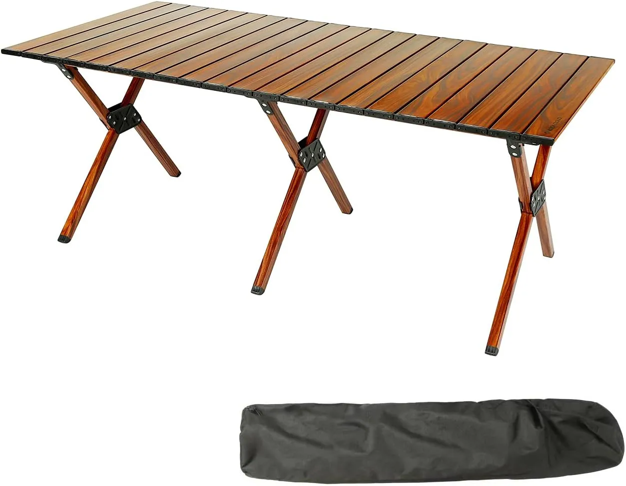 ROCK CLOUD Folding Camping Table Aluminum Portable Roll-Up Picnic Table 4-6 Person for BBQ Backyard Patio Party, 48x24 in, Wood Grain