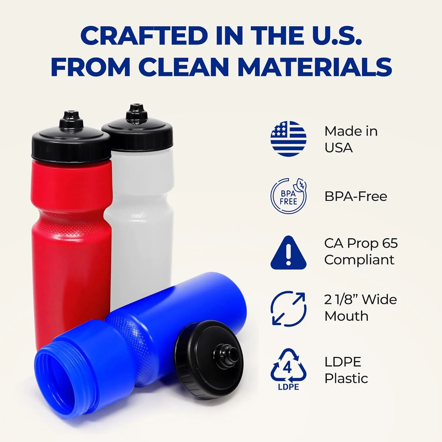 Rolling Sands USA Made 24 oz Sports Squeeze Water Bottles, 8 Pack, BPA-Free, Easy Drink One Way Flow Valve, Fits Most Bike Cages, Dishwasher Safe, Durable, Reusable and Lightweight, Clear Frost