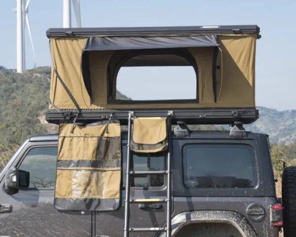 Roveroll Aluminum Shell Pop-Up Roof Top Tent | Taupe Body & Black Rainly 53"