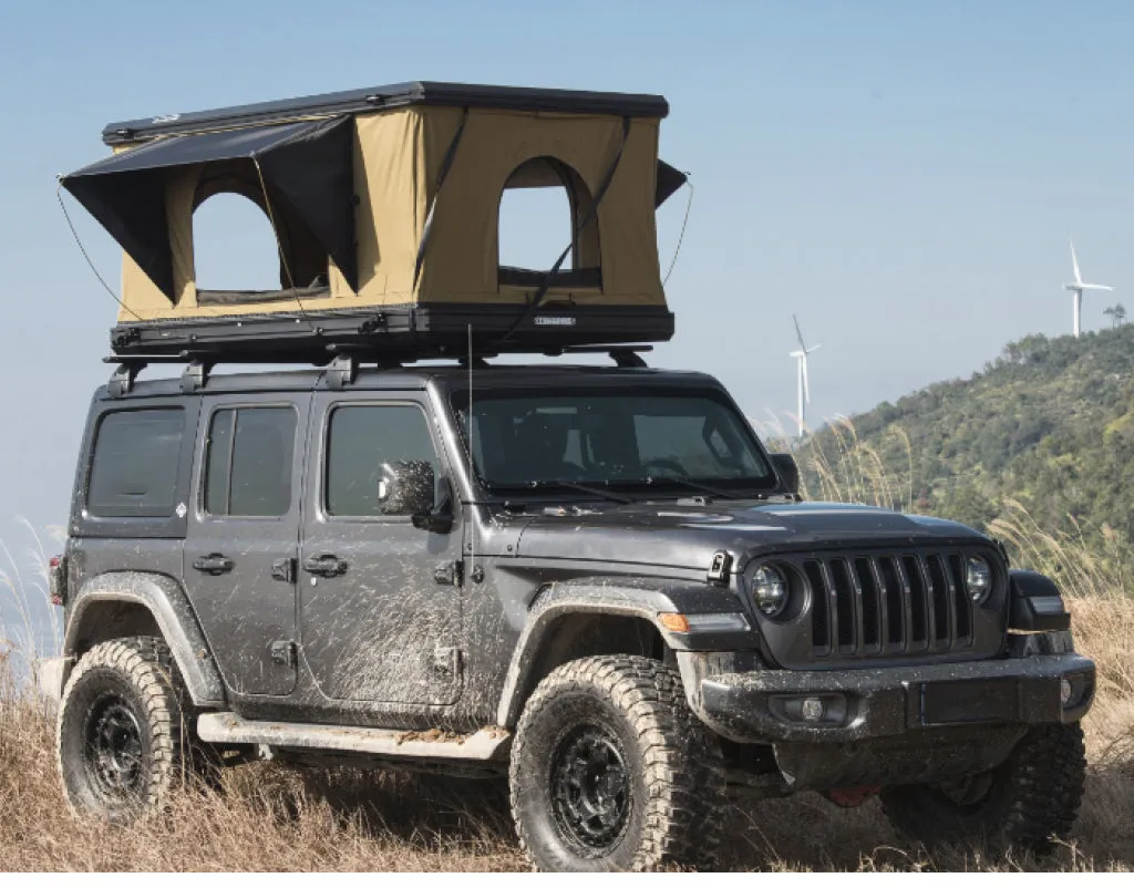 Roveroll Aluminum Shell Pop-Up Roof Top Tent | Taupe Body & Black Rainly 53"