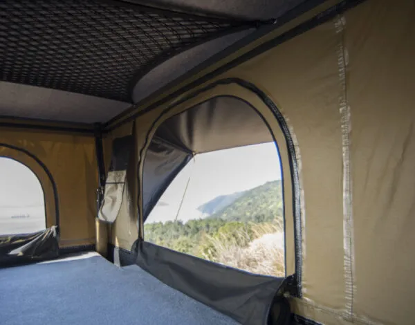 Roveroll Aluminum Shell Pop-Up Roof Top Tent | Taupe Body & Black Rainly 53"