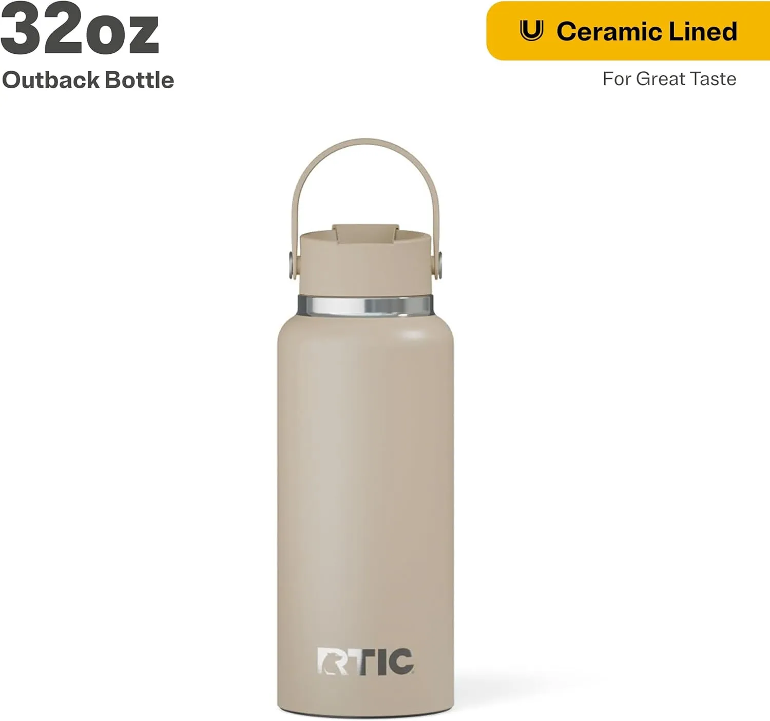 RTIC 32oz Outback Bottle, Insulated, Stainless Steel, Metal, Double Wall Vacuum-Insulation, Ceramic Lined, Leak-Proof Lid, BPA-Free Water Flask for Hiking, Running, Sports, Outdoor, Beach