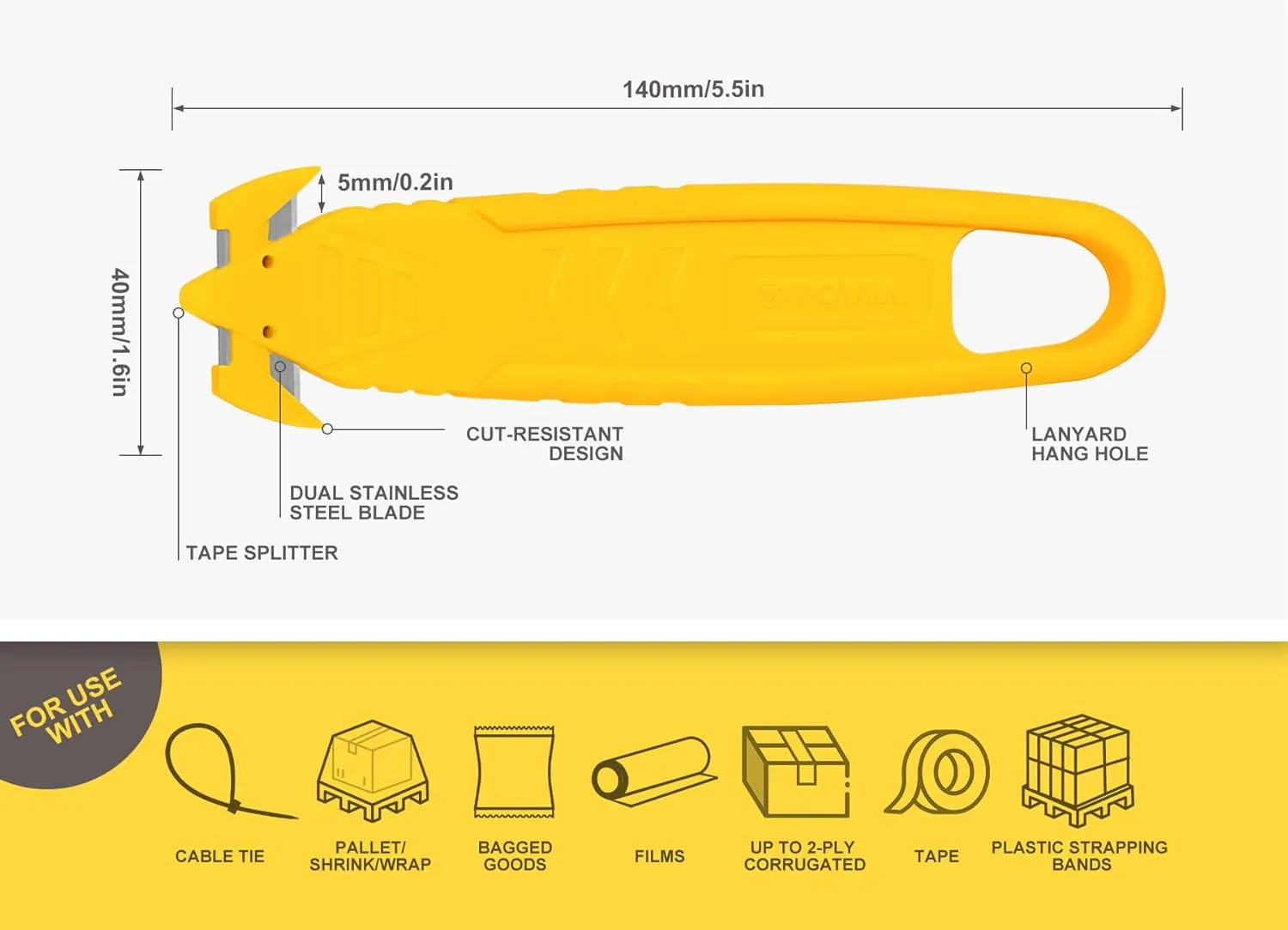 Safety Box Cutter, T TOVIA 20 Pcs Safety Utility Cutter of Stainless Steel Blade Package Opener with Tape Splitter for Cartons, Cardboard, Wrap, Straps, Film (20 PCS- Yellow)