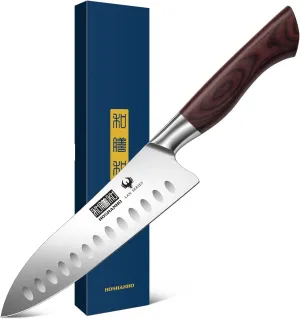 Santoku Knife 7 Inch, Professional High Carbon Stainless Steel Kitchen Knife, Super Sharp Cooking Knife with Ergonomic Wood Handle