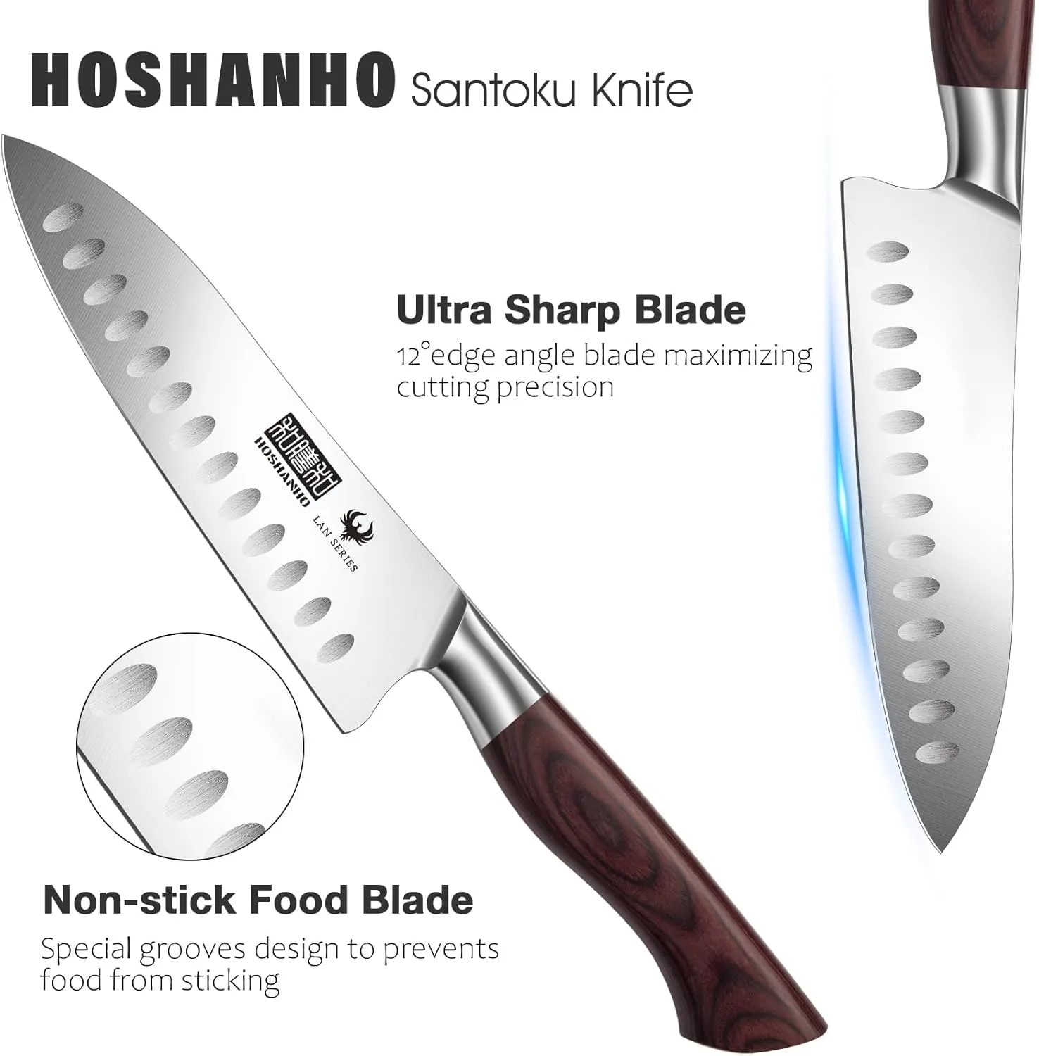 Santoku Knife 7 Inch, Professional High Carbon Stainless Steel Kitchen Knife, Super Sharp Cooking Knife with Ergonomic Wood Handle