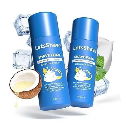 Sensitive Shave Foam For Men, Pack of 2, Alcohol Free, 200 g (Each), Shave Sensitive Foam Menthol for Men, Coconut Oil Enriched, No Alcohol and No Artifical Colour