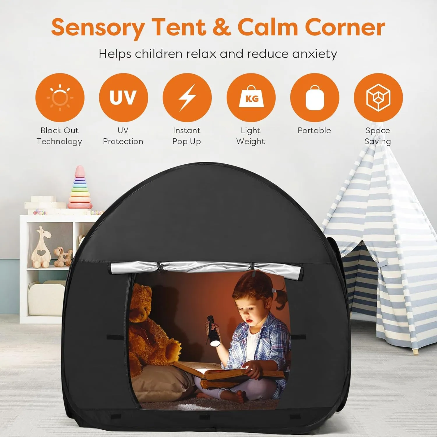 Sensory Tent for Kids with Autism,47x47x47in Blackout Sensory Room Pop-up Play Tent,Calm Corner for Children to Play and Relax,Helps with Autism, SPD,Anxiety & Improve Focus