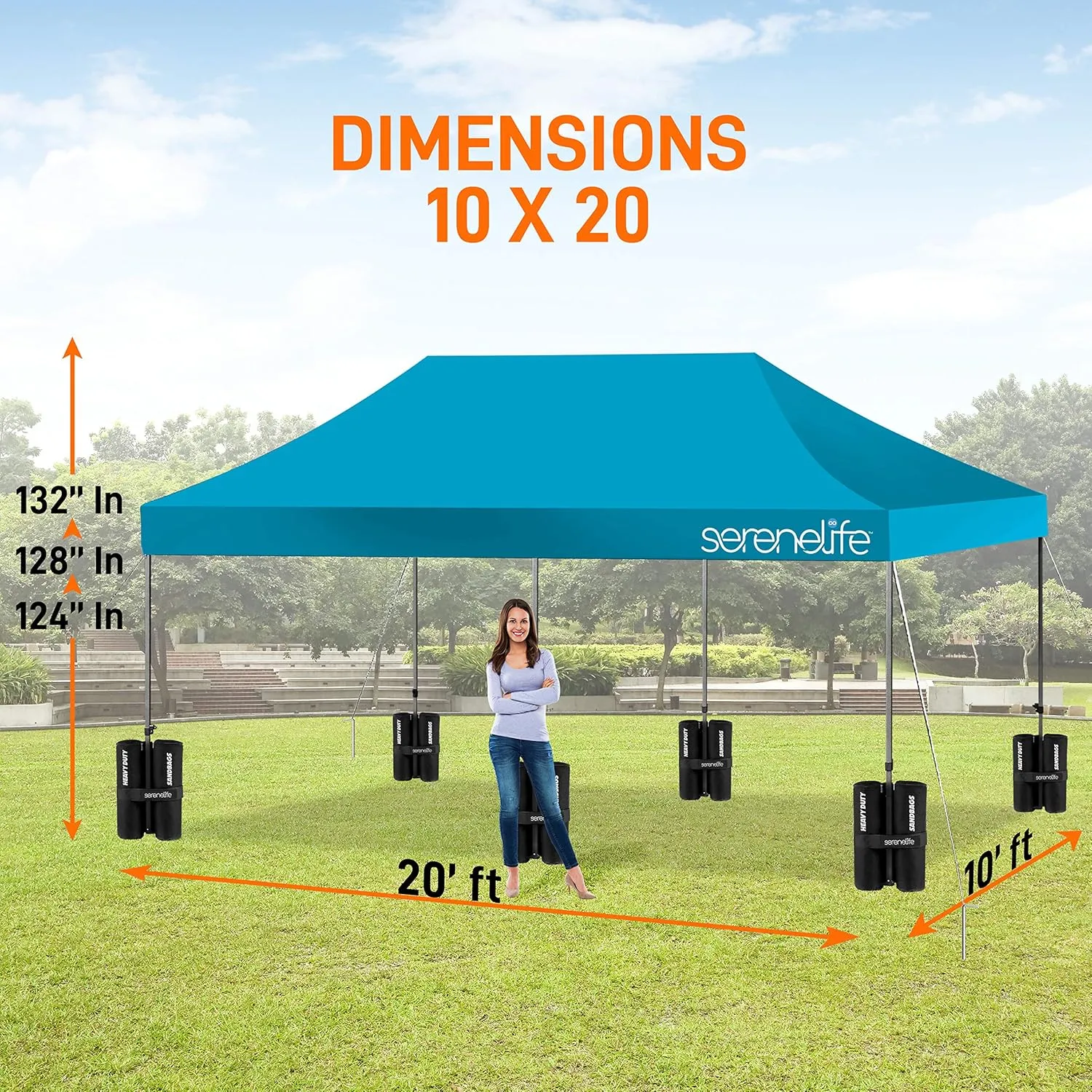 SereneLife Pop Up Canopy Tent 10x20-Commercial Instant Shelter Foldable/Collapsible Sun Shade Canopy Pop Up Tent w/Waterproof UV Resistant Tent Top,Portable Carry Bag&Sand Bag- SLGZ20SB(Sky Blue)