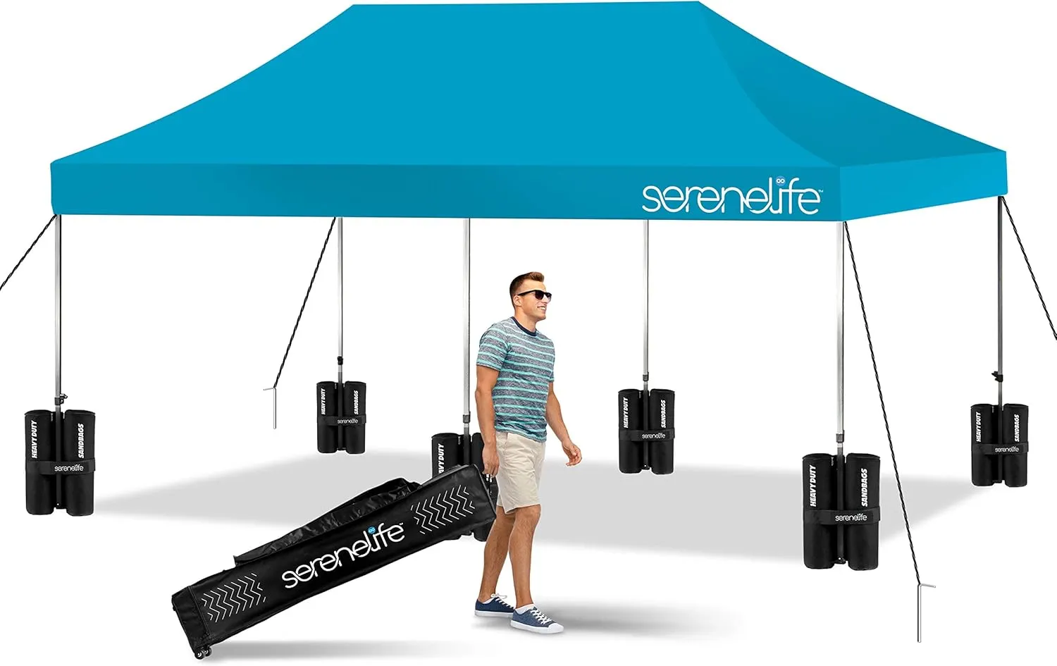SereneLife Pop Up Canopy Tent 10x20-Commercial Instant Shelter Foldable/Collapsible Sun Shade Canopy Pop Up Tent w/Waterproof UV Resistant Tent Top,Portable Carry Bag&Sand Bag- SLGZ20SB(Sky Blue)