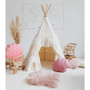 Shabby Chic Teepee With Frills And Linen Leaf Mat White - Beige & White