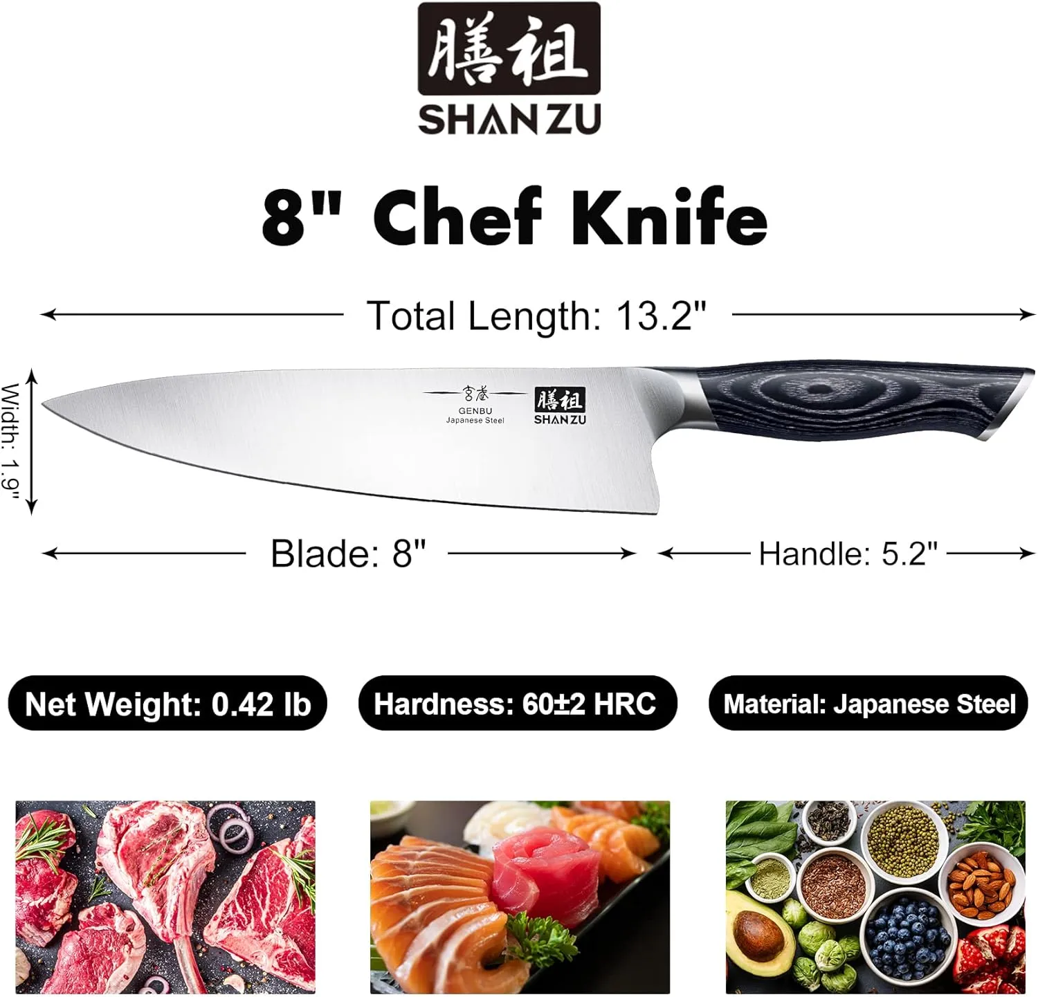 SHAN ZU 8 inch Japanese Chef Knife, Chefs Knife Kitchen Knives, Japanese Super Steel Sharp Chef's Knives with K133 Ergonomic Handle, Black Tortoise Genbu Series