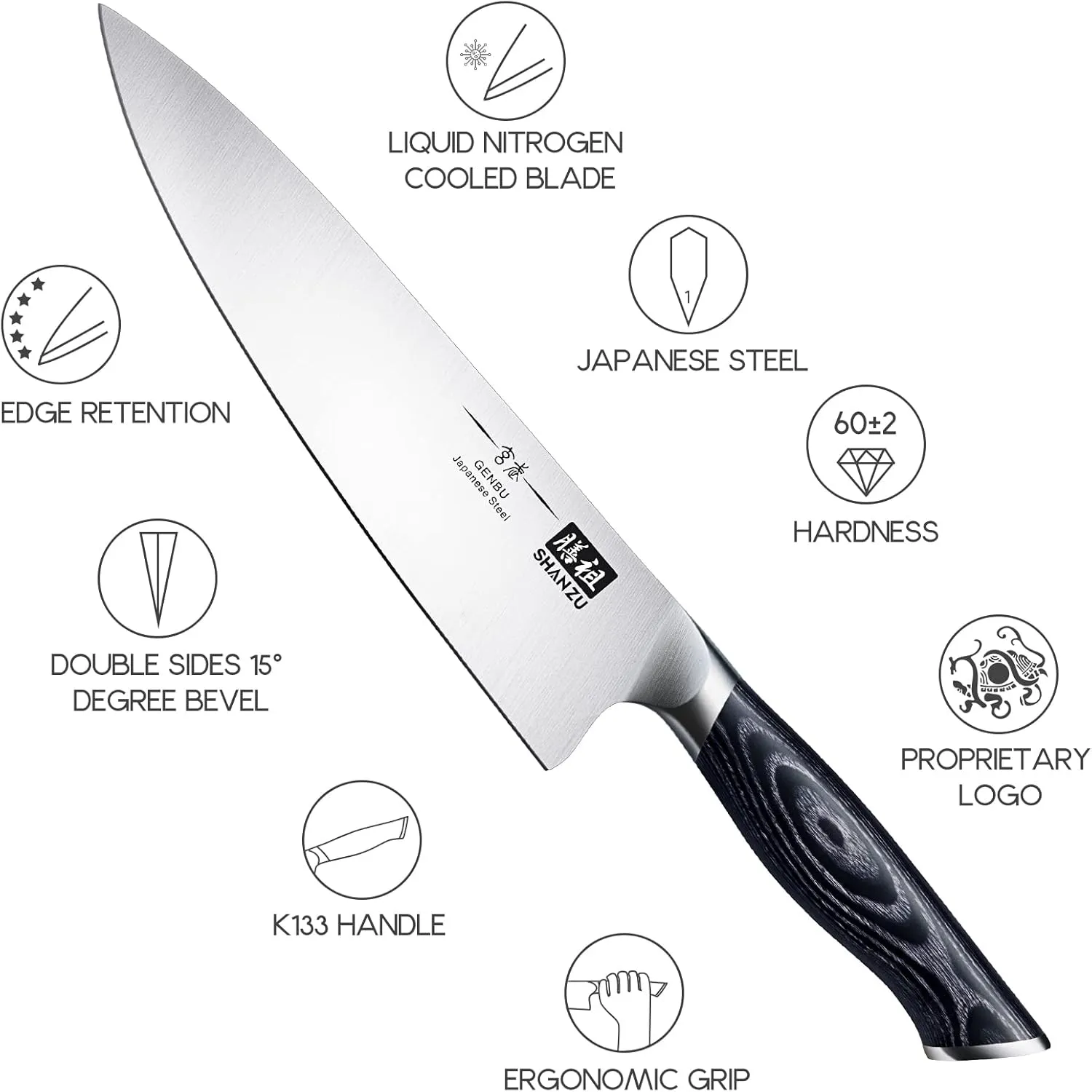 SHAN ZU 8 inch Japanese Chef Knife, Chefs Knife Kitchen Knives, Japanese Super Steel Sharp Chef's Knives with K133 Ergonomic Handle, Black Tortoise Genbu Series