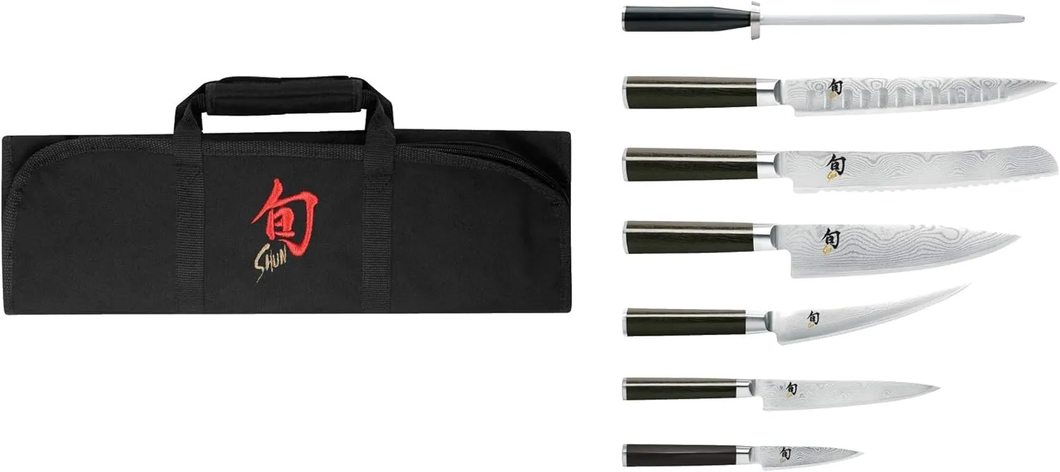Shun Classic 8 Piece Student Set, Includes 8" Chef, 3.5" Paring, 6" Utility Knives & More, Handcrafted Japanese Knife Set, Damascus Stainless Steel Cladding, Pakkawood Handle