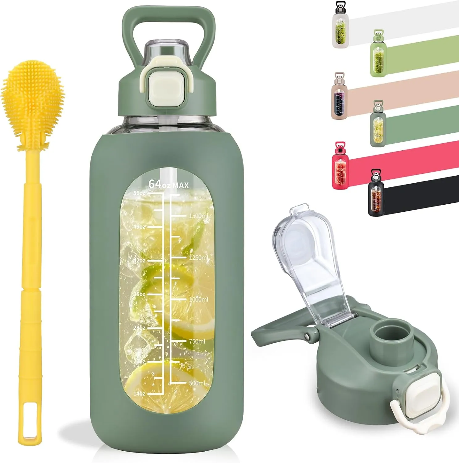 SIEROZUR 64 oz Glass Water Bottle with Straw and Handle, Half Gallon Sports Large Water Bottle with Time Marker and Silicone Sleeve, Leakproof Glass Drinking Bottle for Gym, Travel, Workout, Olive