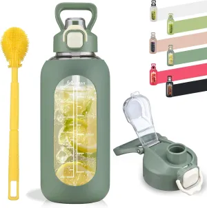 SIEROZUR 64 oz Glass Water Bottle with Straw and Handle, Half Gallon Sports Large Water Bottle with Time Marker and Silicone Sleeve, Leakproof Glass Drinking Bottle for Gym, Travel, Workout, Olive