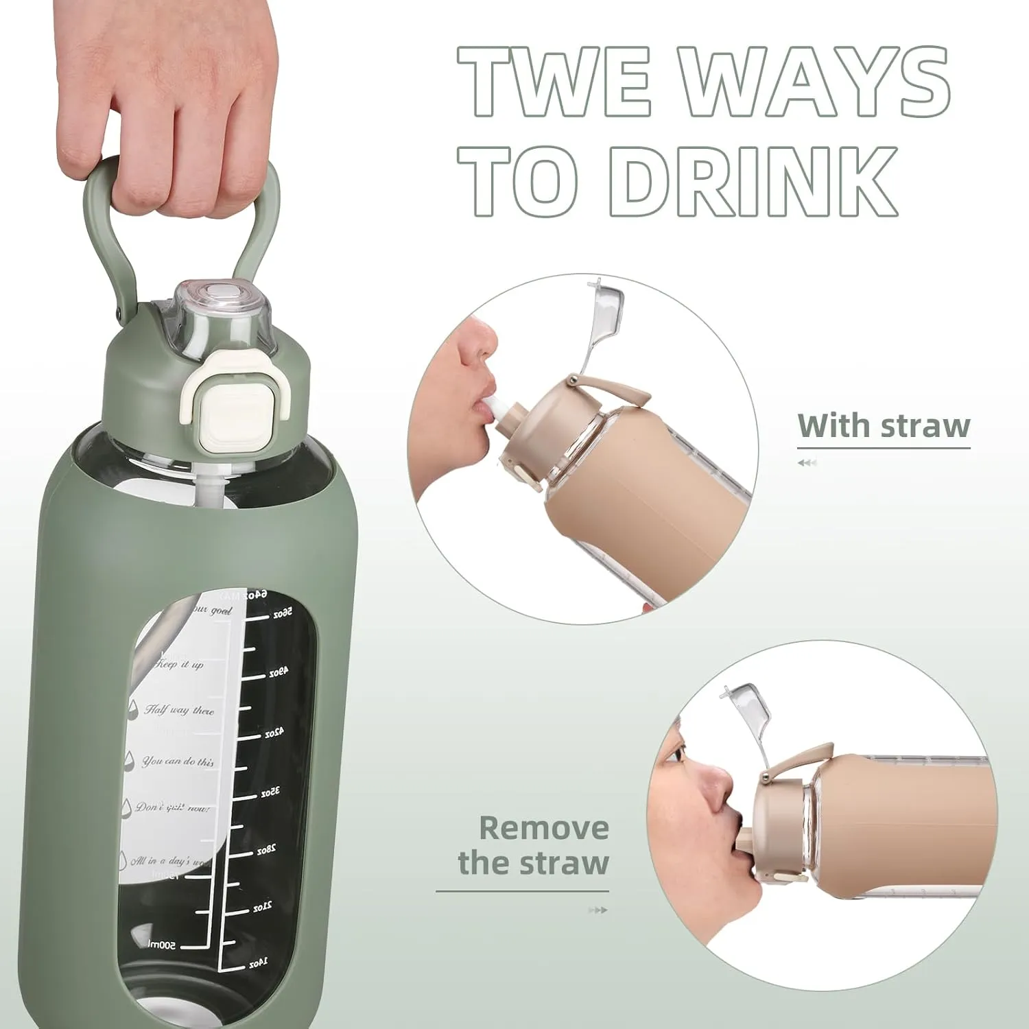 SIEROZUR 64 oz Glass Water Bottle with Straw and Handle, Half Gallon Sports Large Water Bottle with Time Marker and Silicone Sleeve, Leakproof Glass Drinking Bottle for Gym, Travel, Workout, Olive