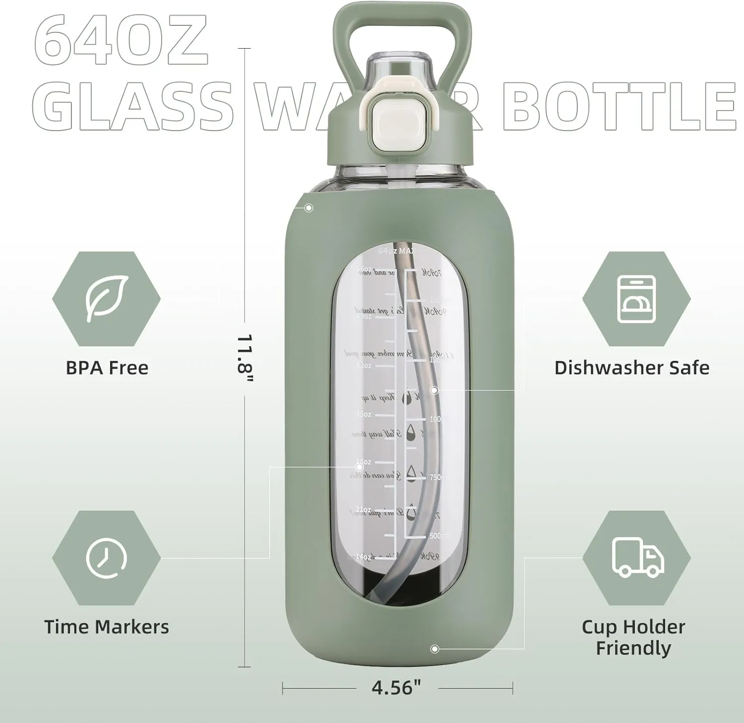 SIEROZUR 64 oz Glass Water Bottle with Straw and Handle, Half Gallon Sports Large Water Bottle with Time Marker and Silicone Sleeve, Leakproof Glass Drinking Bottle for Gym, Travel, Workout, Olive