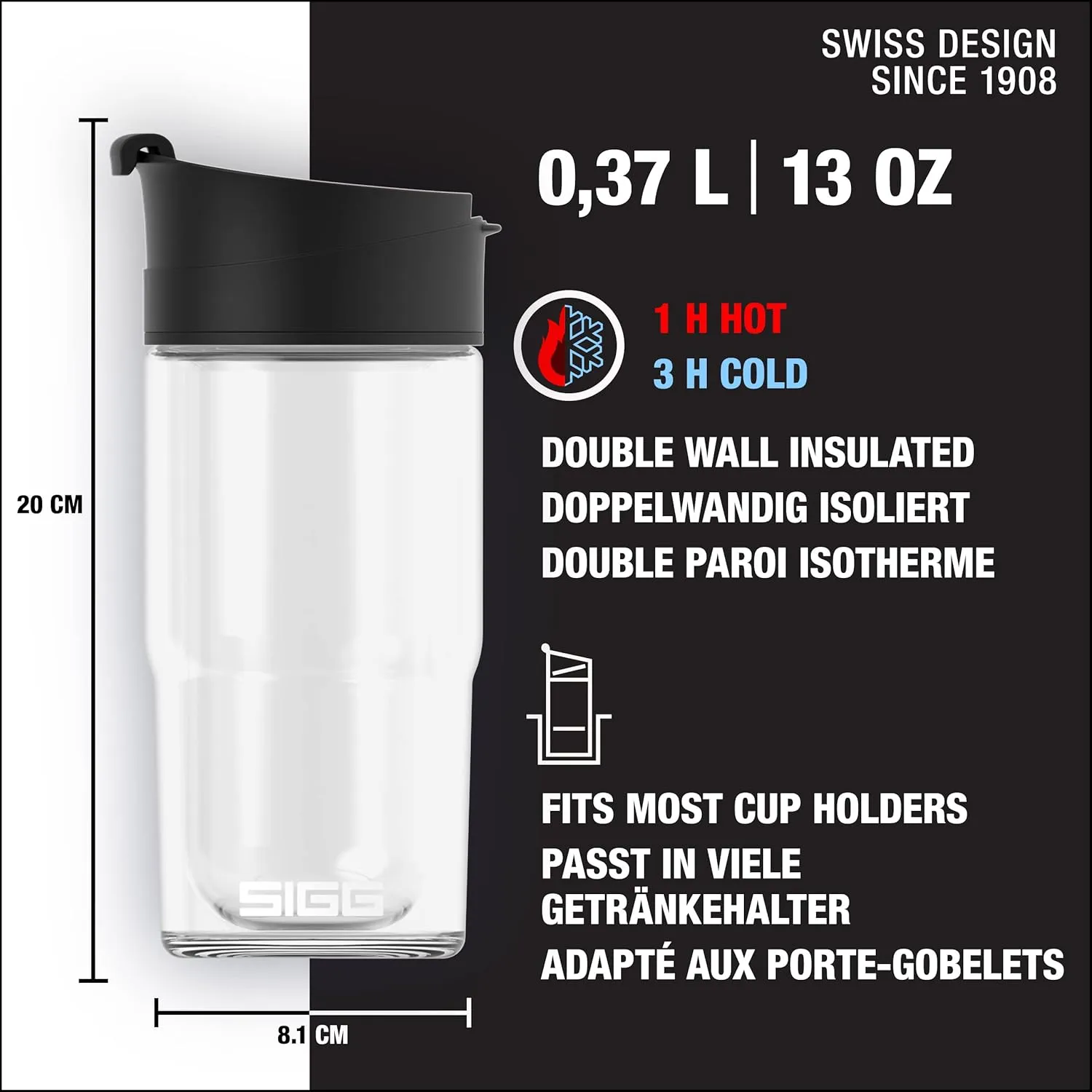 SIGG - Insulated Coffee Cup - Travel Mug Nova - Dishwasher Safe - BPA Free - Broscilate Glass - Flip Top - Black - 13 Oz