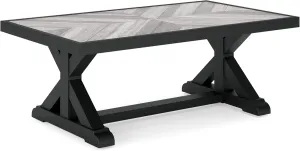 Signature Design by Ashley Beachcroft Farmhouse Weather and Rust Resistant Outdoor Coffee Table with Porcelain Tabletop, Black & Light Gray