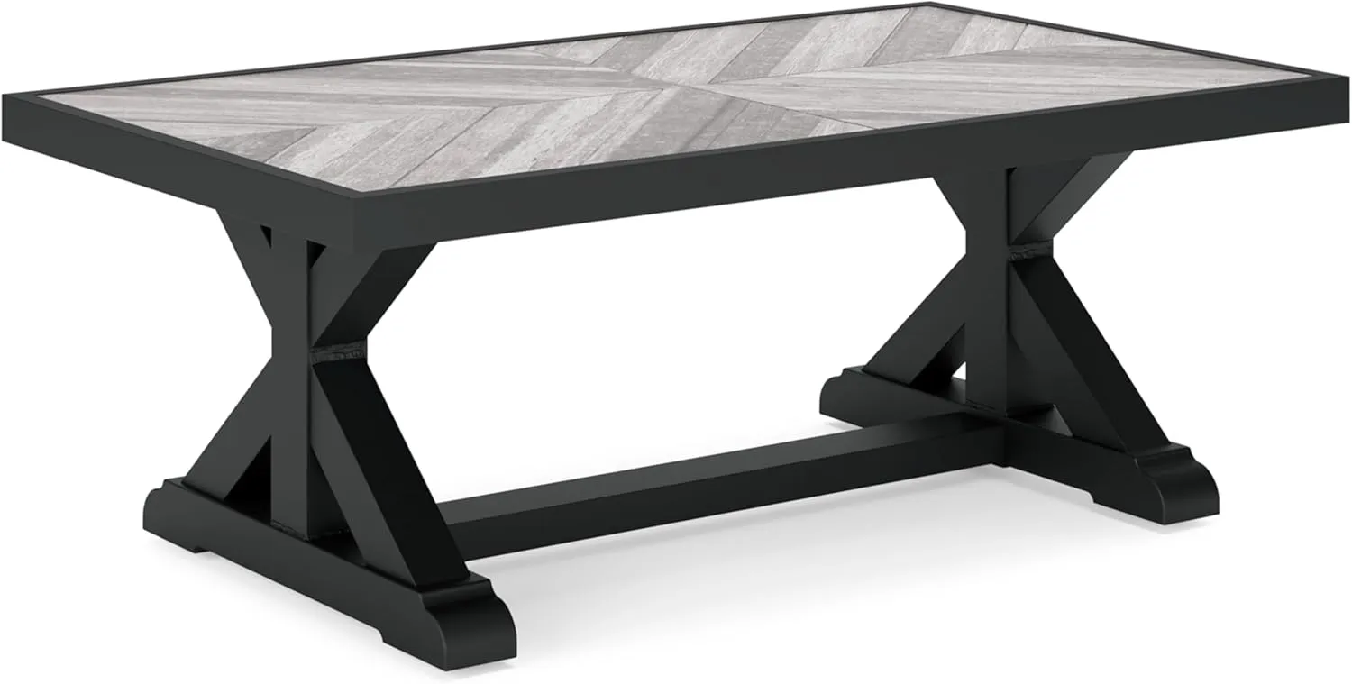 Signature Design by Ashley Beachcroft Farmhouse Weather and Rust Resistant Outdoor Coffee Table with Porcelain Tabletop, Black & Light Gray