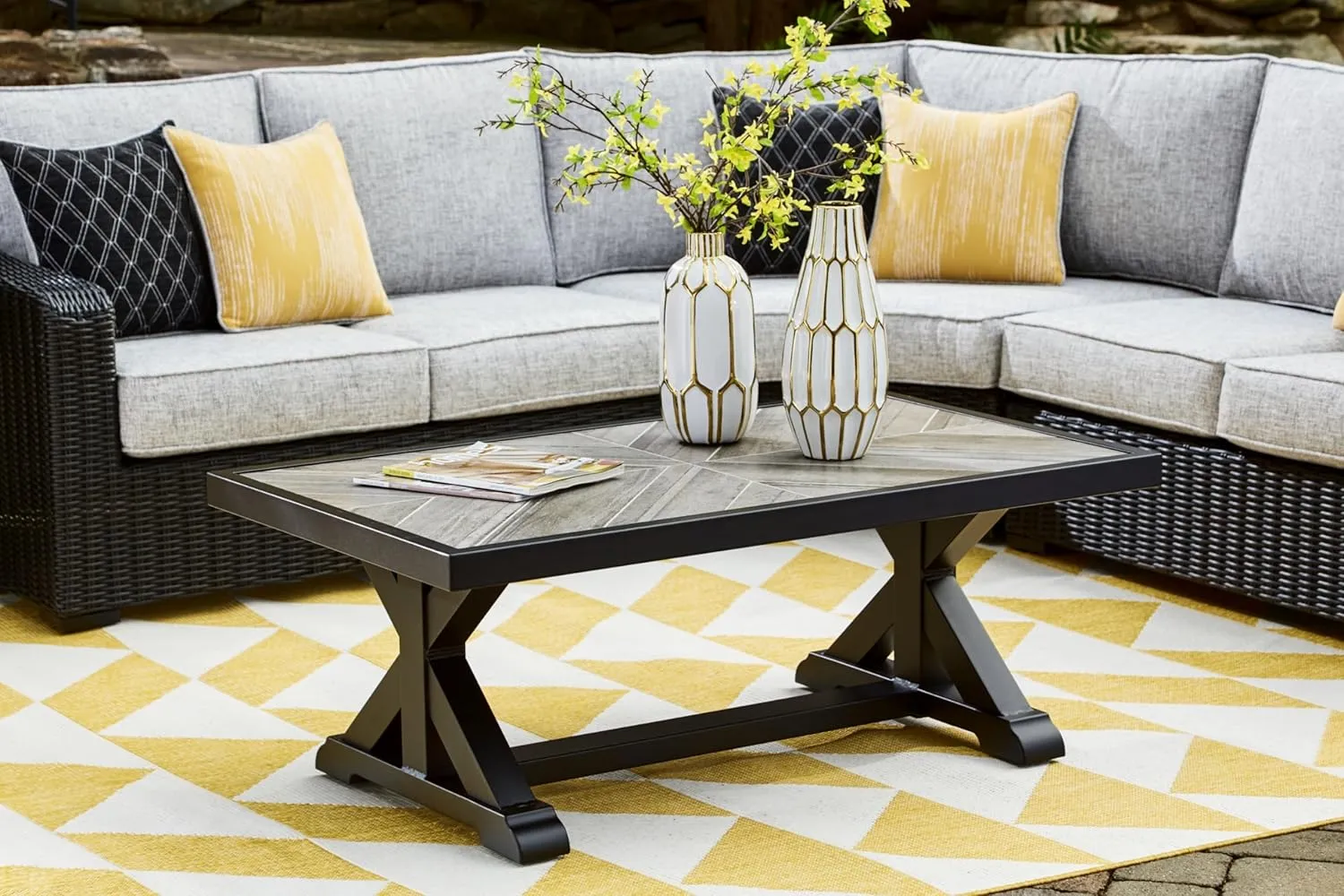Signature Design by Ashley Beachcroft Farmhouse Weather and Rust Resistant Outdoor Coffee Table with Porcelain Tabletop, Black & Light Gray
