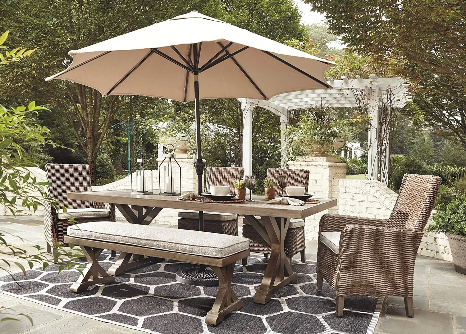 Signature Design by Ashley Beachcroft Modern Farmhouse Outdoor Dining Table with Porcelain Top, Beige