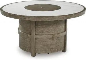 Signature Design by Ashley Rainier Ranch Contemporary Sintered Stone Tabletop Outdoor Fire Pit Table with Pedestal Base, Light Brown & Beige