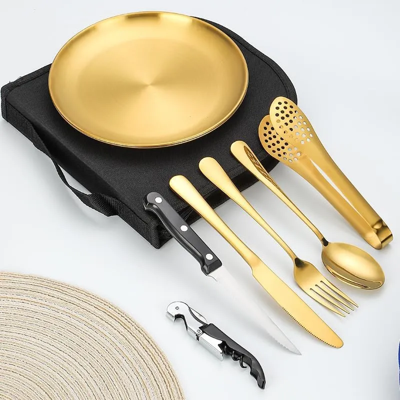 Silverware Flatware Set, 10-piece Stainless Steel Tableware Set For Outdoor Travel Camping Picnic Barbecue Plate Clip Knife Fork Spoon Bread Clip Set Portable Storage Bag(Silver)