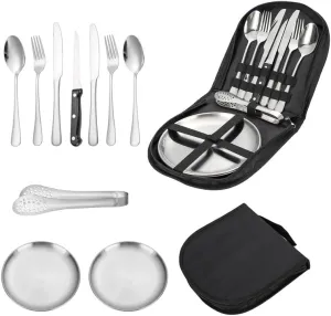 Silverware Flatware Set, 10-piece Stainless Steel Tableware Set For Outdoor Travel Camping Picnic Barbecue Plate Clip Knife Fork Spoon Bread Clip Set Portable Storage Bag(Silver)