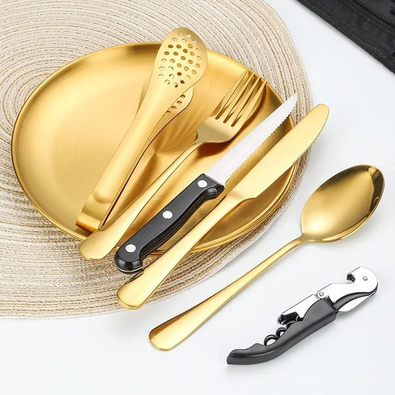 Silverware Flatware Set, 10-piece Stainless Steel Tableware Set For Outdoor Travel Camping Picnic Barbecue Plate Clip Knife Fork Spoon Bread Clip Set Portable Storage Bag(Silver)
