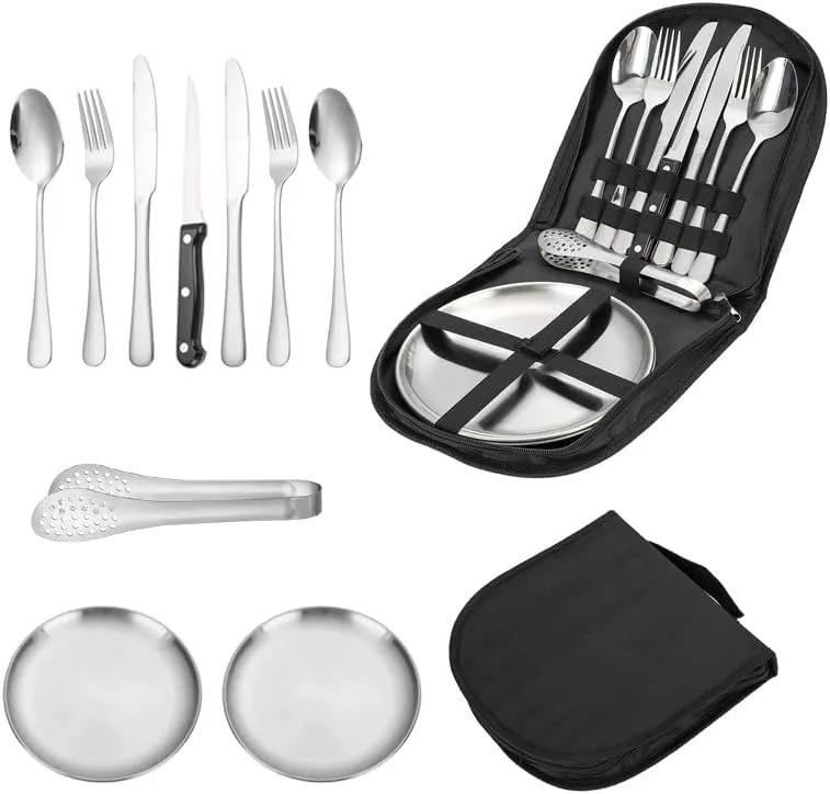 Silverware Flatware Set, 10-piece Stainless Steel Tableware Set For Outdoor Travel Camping Picnic Barbecue Plate Clip Knife Fork Spoon Bread Clip Set Portable Storage Bag(Silver)