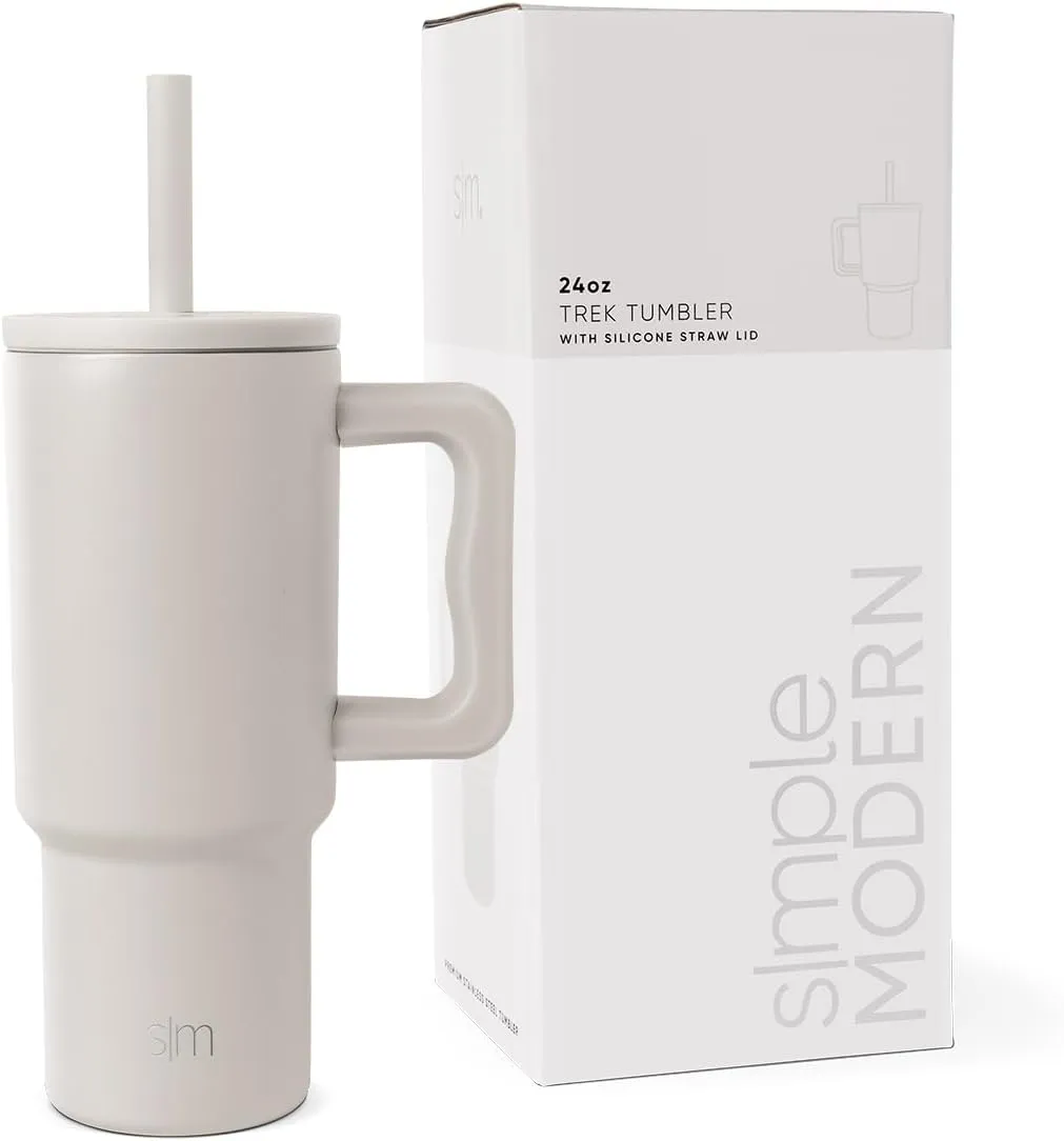 Simple Modern Kids 24 oz Tumbler with Handle and Silicone Straw Lid | Spill Proof and Leak Resistant | Reusable Stainless Steel Bottle | Gift for Kids Boys Girls | Trek Collection | Almond Birch