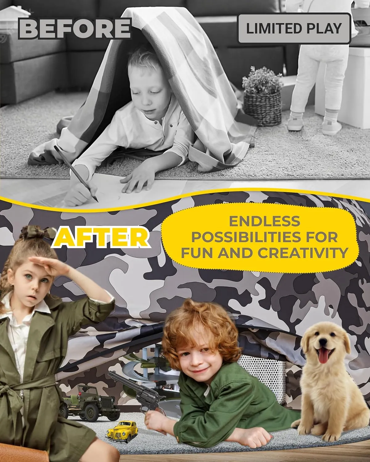 Skywin Inflatable Tent for Kids (Camo Dark Grey), Inflatable Air Tent for Kids Sets Up and Stores Away in Seconds, Improved Blow up Fort (Fan NOT Included) (Camo Dark Grey)