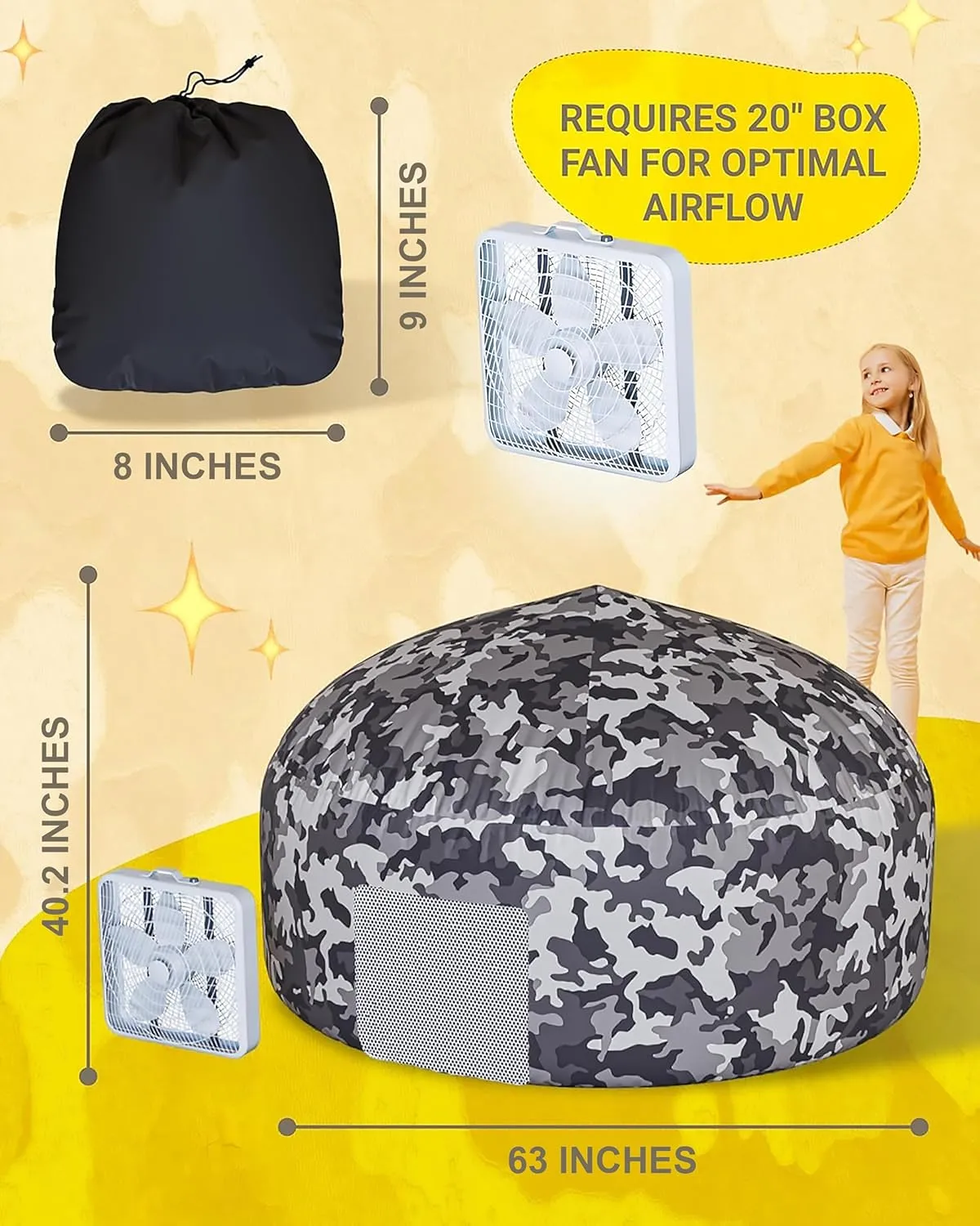 Skywin Inflatable Tent for Kids (Camo Dark Grey), Inflatable Air Tent for Kids Sets Up and Stores Away in Seconds, Improved Blow up Fort (Fan NOT Included) (Camo Dark Grey)
