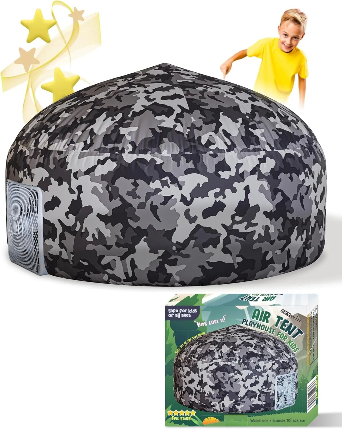 Skywin Inflatable Tent for Kids (Camo Dark Grey), Inflatable Air Tent for Kids Sets Up and Stores Away in Seconds, Improved Blow up Fort (Fan NOT Included) (Camo Dark Grey)