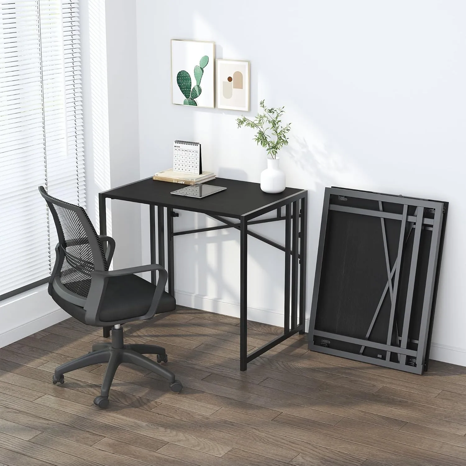 Small Folding Computer Desk 32 inch, Writing Gaming Computer Desk for Small Spaces, No Assembly Required Small Office Desk, Black, FDD31